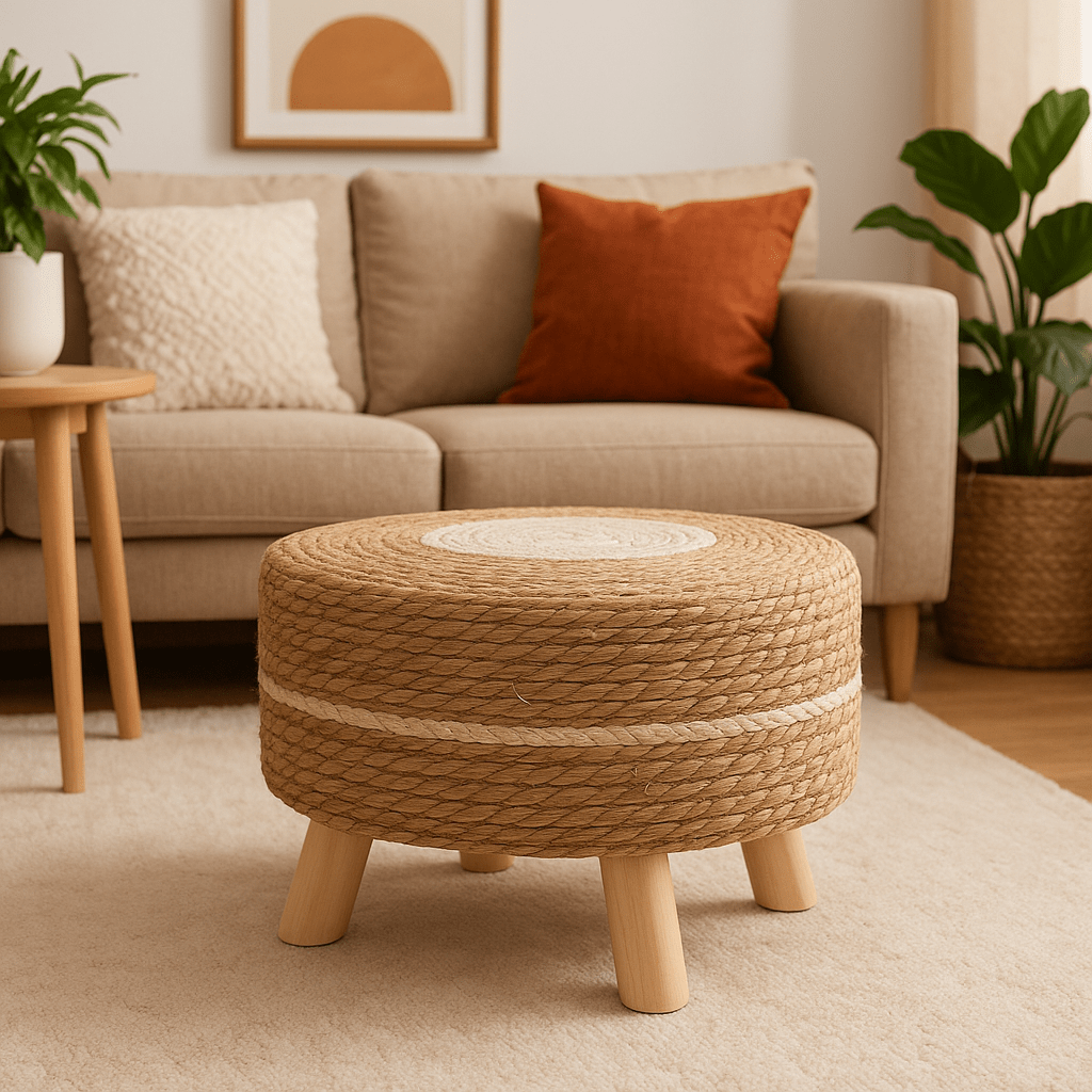 Puff Redondo de Yute Natural con Patas de Madera – Asiento Decorativo Boho - KB Home