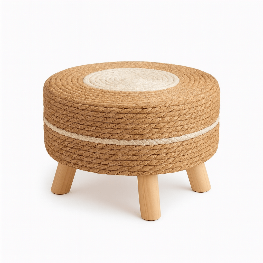 Puff Redondo de Yute Natural con Patas de Madera – Asiento Decorativo Boho - KB Home