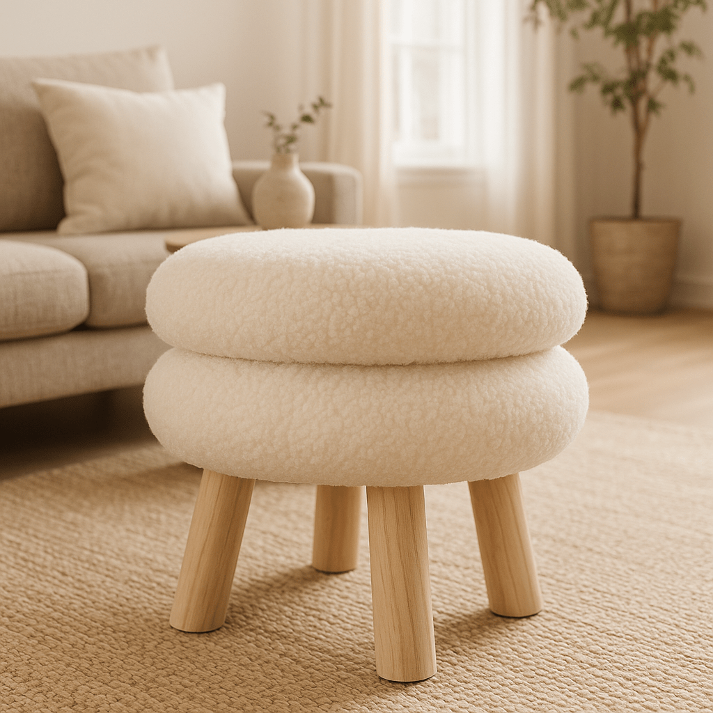 Reposapiés Redondo de Bouclé con Patas de Madera – Estilo Nórdico Moderno - KB Home