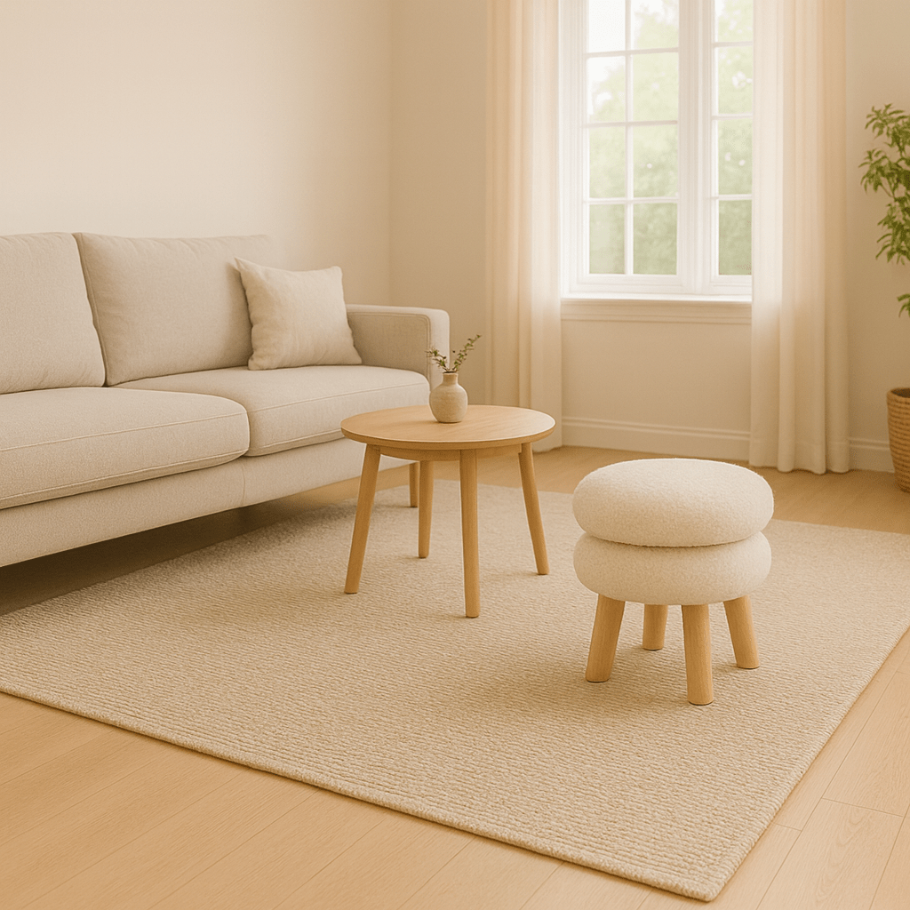 Reposapiés Redondo de Bouclé con Patas de Madera – Estilo Nórdico Moderno - KB Home