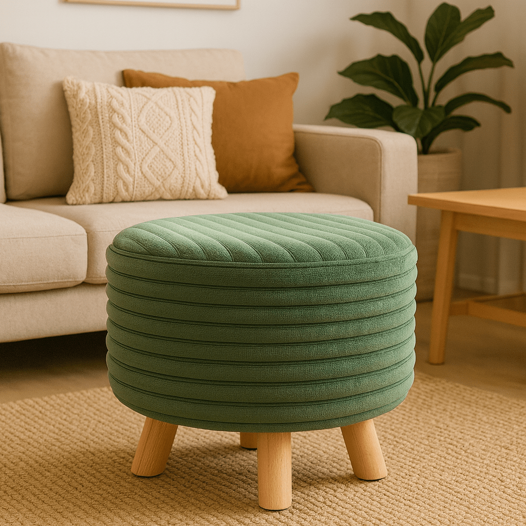 Reposapies Redondo Verde Oliva con Patas de Madera - KB Home