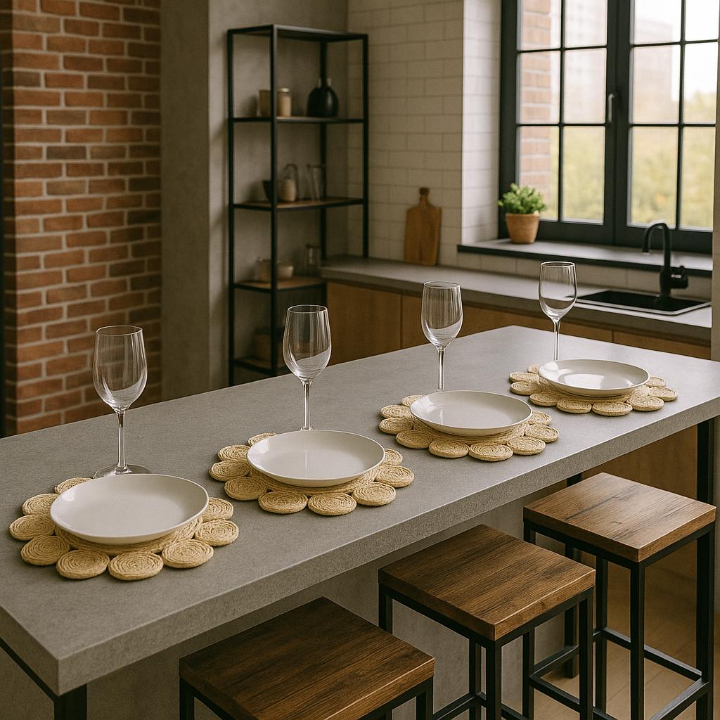 Set de 4 Individuales de Mesa de Yute en Espiral Diseño Flor – Manteles Individuales Decorativos - KB Home