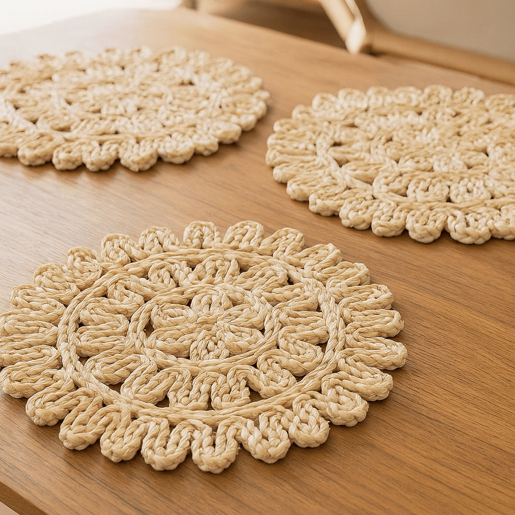 Set de 4 Individuales de Mesa de Yute Redondo Tejido Artesanal Diseño Floral – Decoración Natural Boho - KB Home