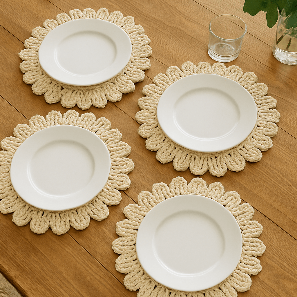 Set de 4 Individuales de Mesa de Yute Redondo Tejido Artesanal Diseño Floral – Decoración Natural Boho - KB Home