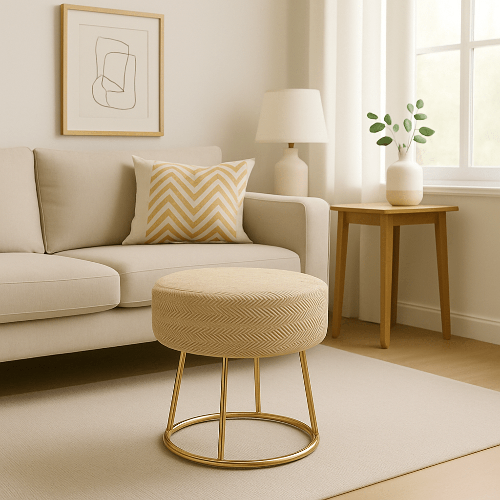 Taburete Decorativo de Yute Natural con Base Metálica Dorada - KB Home