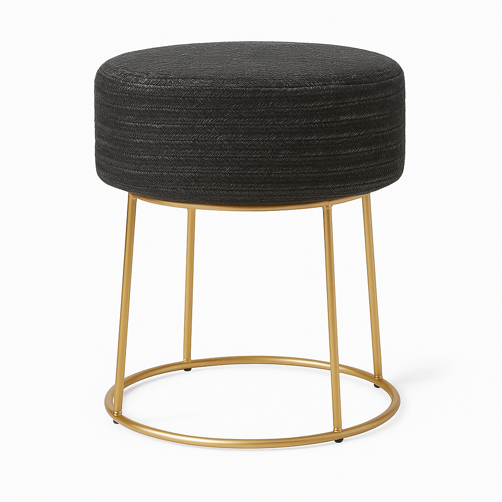 Taburete Decorativo Negro de Fibra Natural con Base Metálica Dorada - KB Home