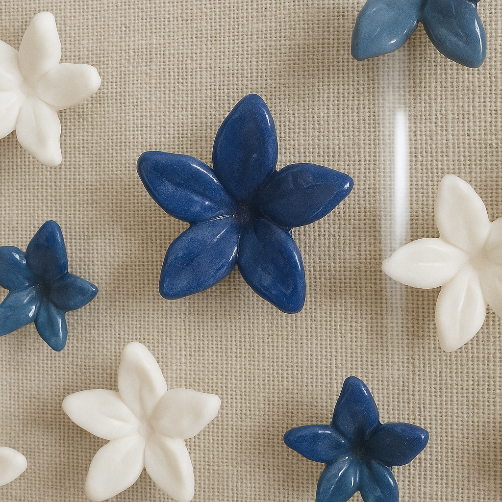 Cuadro Decorativo con Flores en Relieve Azul y Blanco – Arte 3D Moderno con Marco Blanco