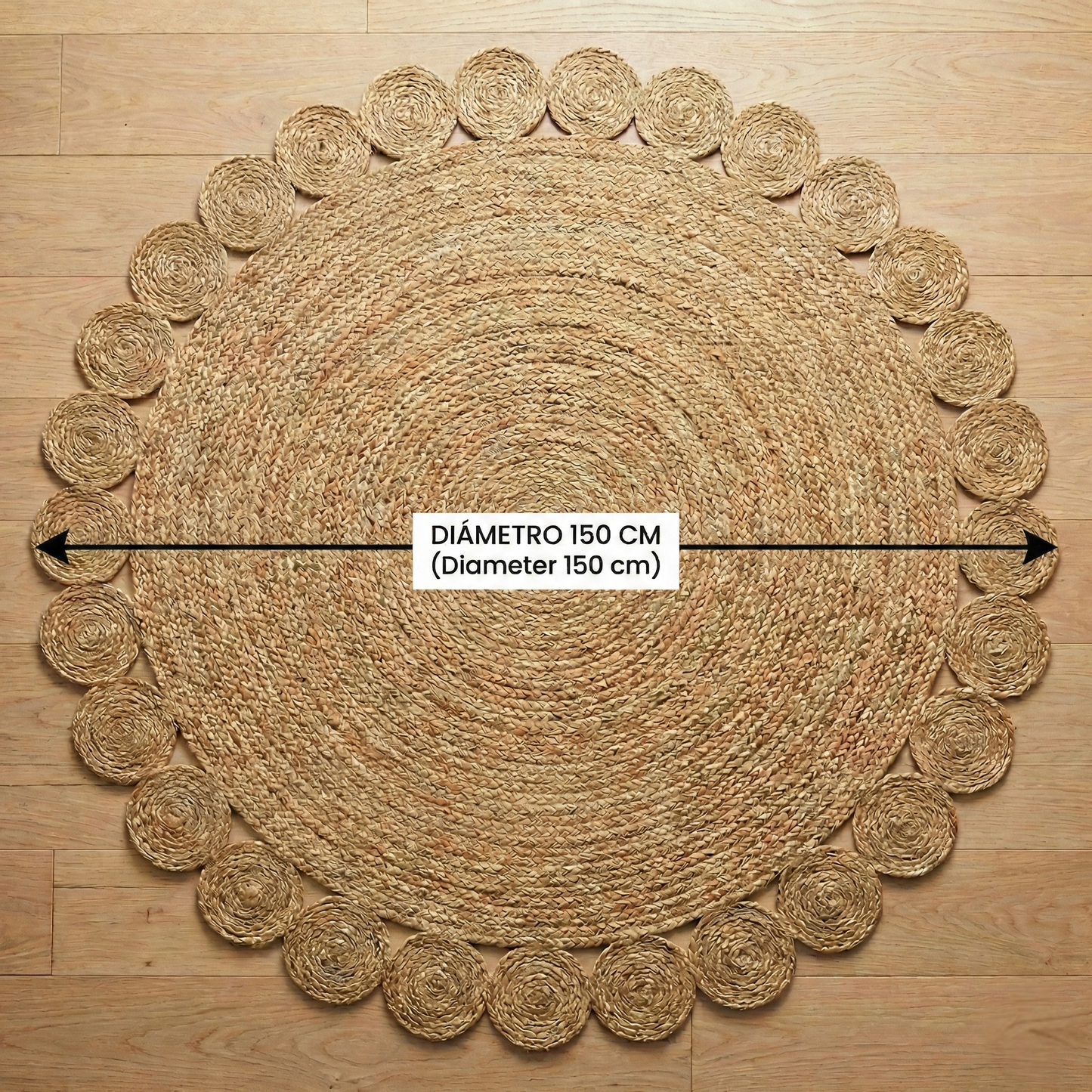 Alfombra Redonda de Yute Natural 150 cm - Diseño Artesanal con Borde Decorativo