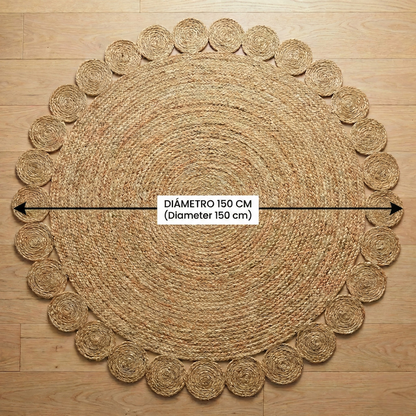 Alfombra Redonda de Yute Natural 150 cm - Diseño Artesanal con Borde Decorativo