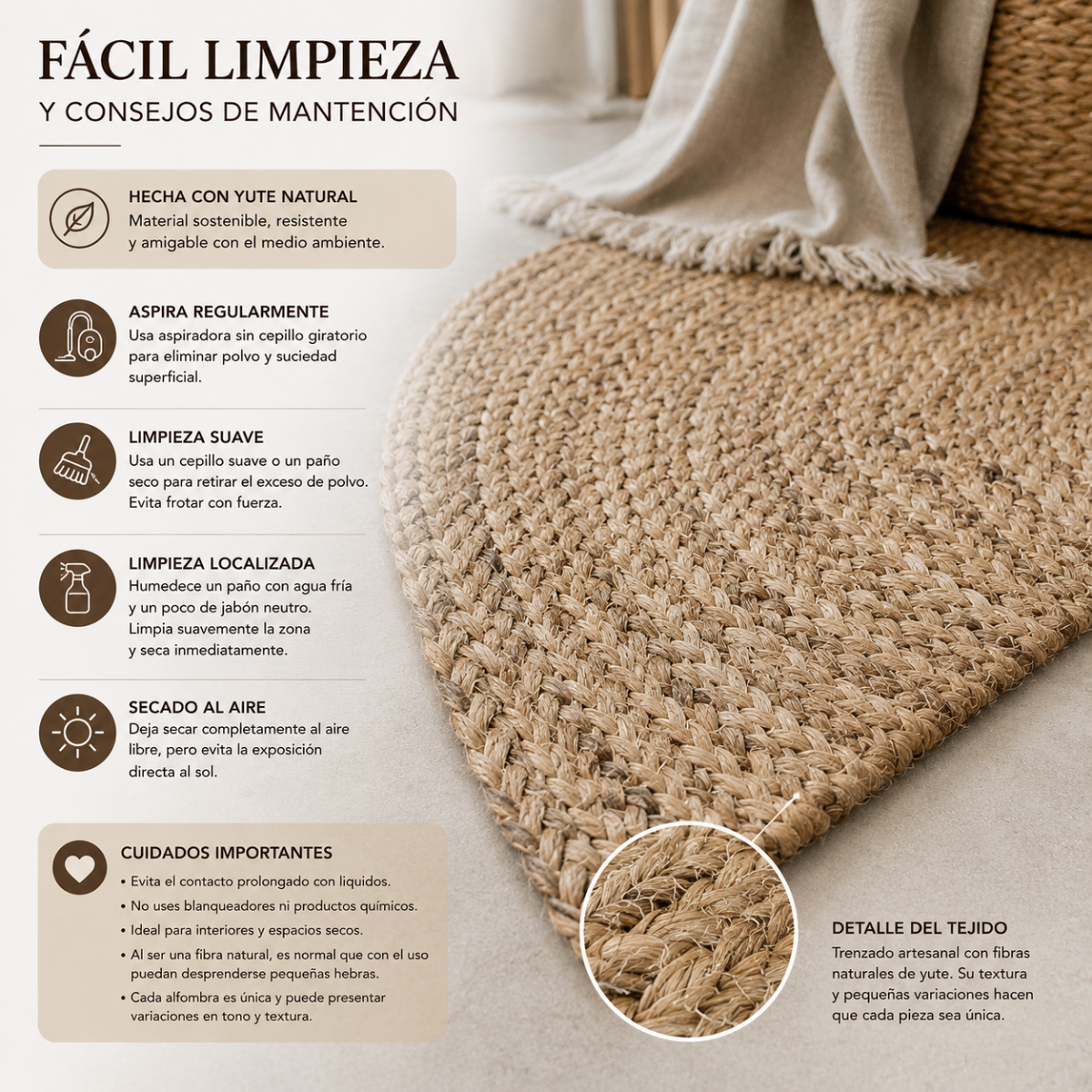 Alfombra de Yute Natural Ovalada 100 x 150 cm – Living, Dormitorio o Entrada