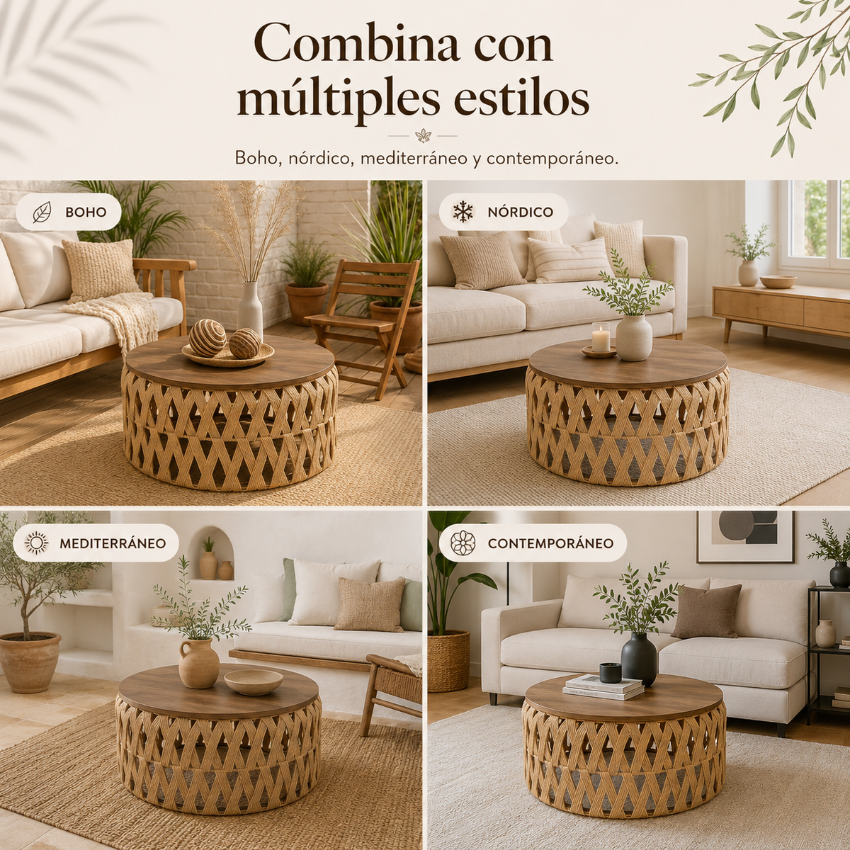 Mesa Centro o Auxiliar de Yute y Madera – Estilo Natural | Disponible en Tamaño Mediano y Grande + REGALO SORPRESA🎁