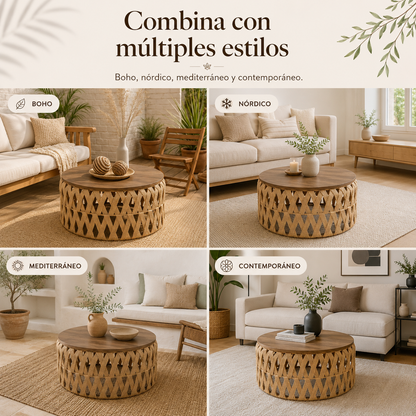 Mesa Centro o Auxiliar de Yute y Madera – Estilo Natural | Disponible en Tamaño Mediano y Grande + REGALO SORPRESA🎁
