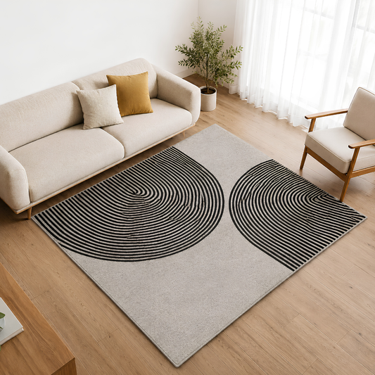 Alfombra Minimalista Círculos Concéntricos – Gris, Beige y Negro 160x230 cm