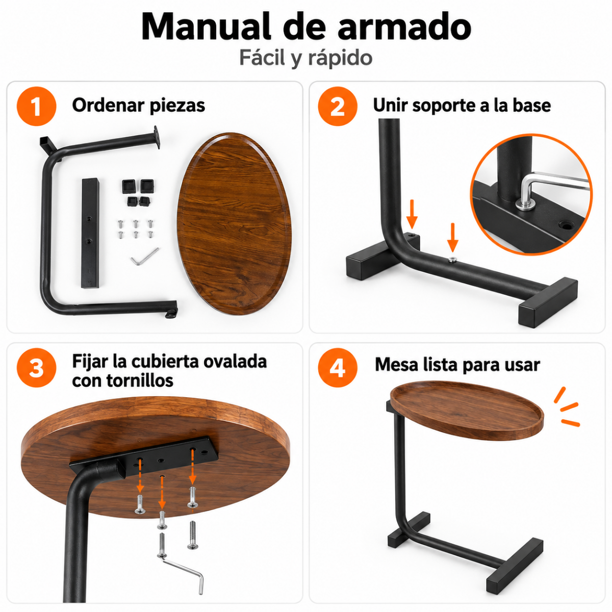 Mesa Auxiliar Tipo C – Madera Nogal y Metal Negro | Moderna Industrial