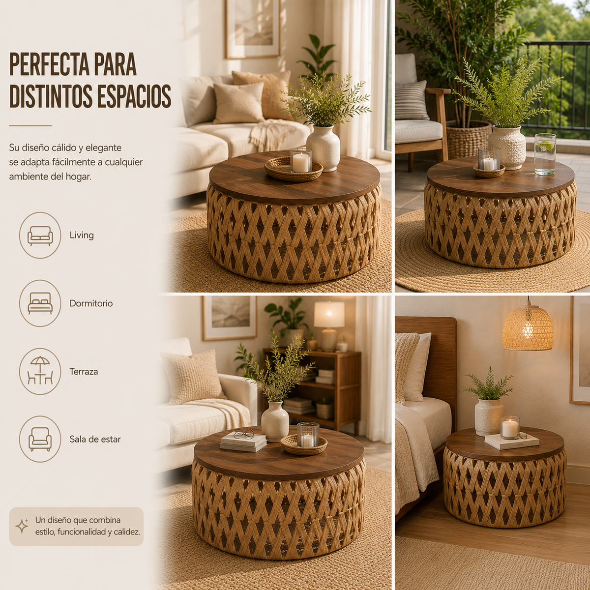 Mesa Centro o Auxiliar de Yute y Madera – Estilo Natural | Disponible en Tamaño Mediano y Grande + REGALO SORPRESA🎁