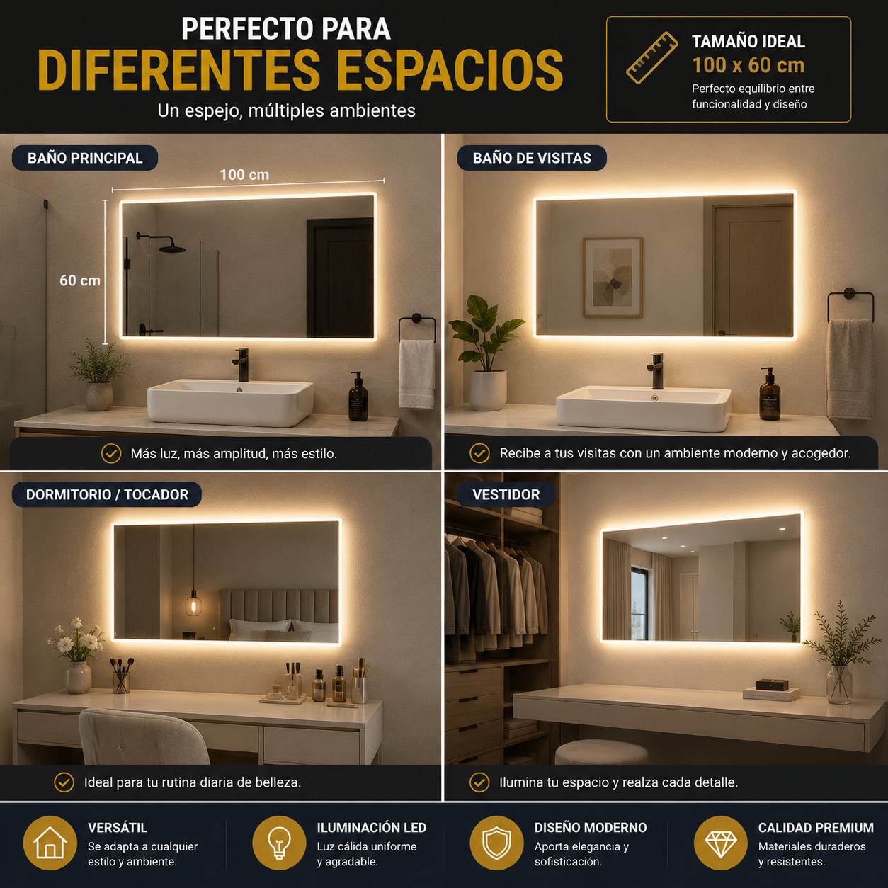 Espejo con Luz LED Rectangular 100 x 60 cm Táctil para Baño - Montaje en Pared