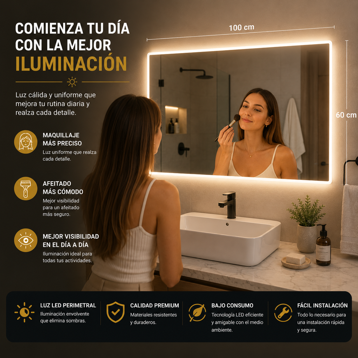 Espejo con Luz LED Rectangular 100 x 60 cm Táctil para Baño - Montaje en Pared