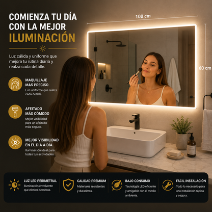 Espejo con Luz LED Rectangular 100 x 60 cm Táctil para Baño - Montaje en Pared