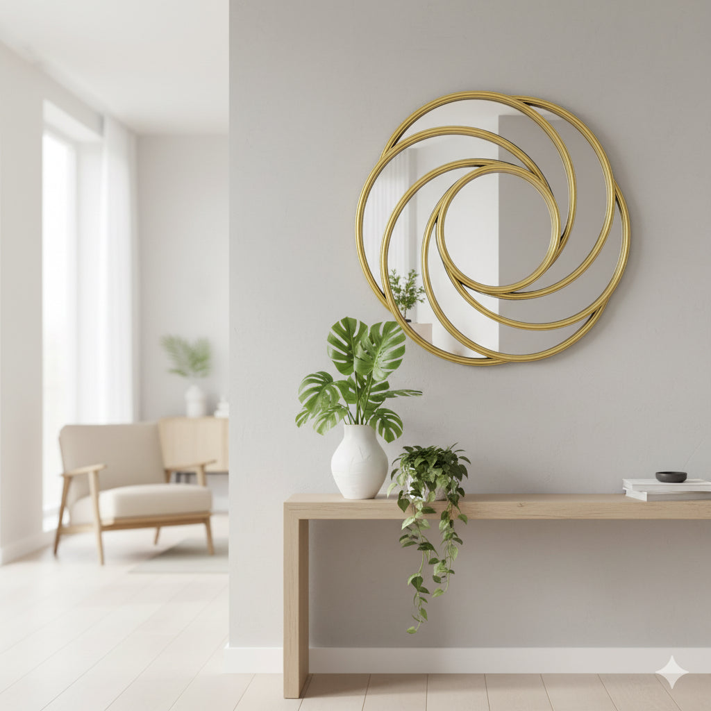 Espejo Redondo Dorado Abstracto – 68 cm