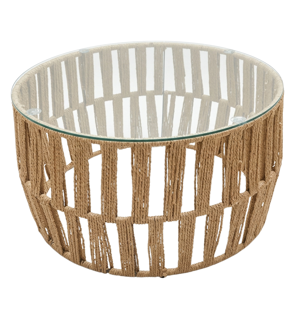 Mesa de Centro Redonda Orgánica - Yute y Vidrio Templado 69x38 cm
