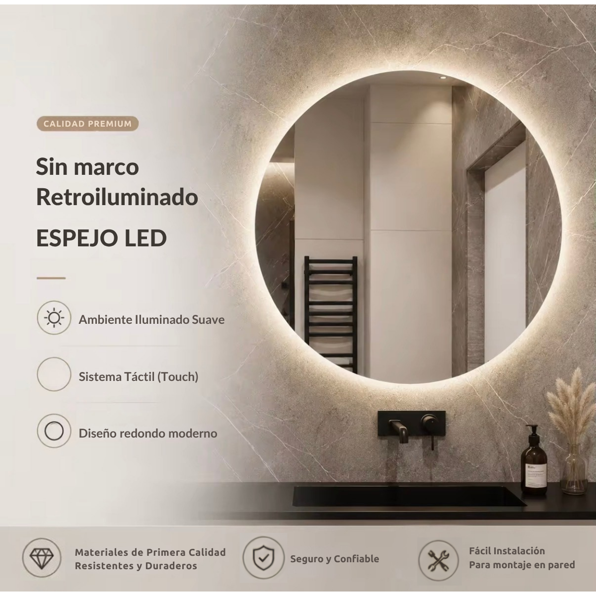 Espejo Redondo LED 70 cm con Pantalla Digital Touch | KB Home