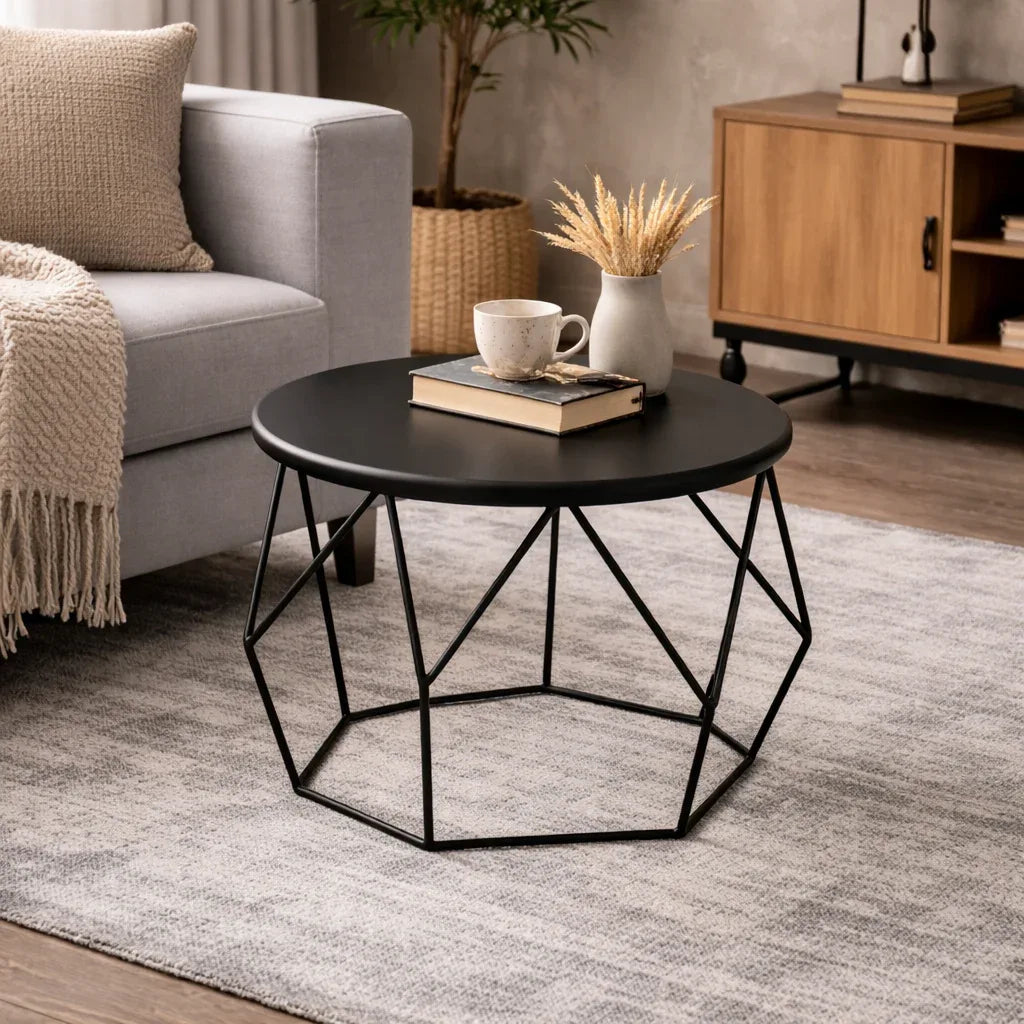 Mesa Auxiliar Redonda Negra Metálica 45x52cm | Estilo Industrial - KB Home