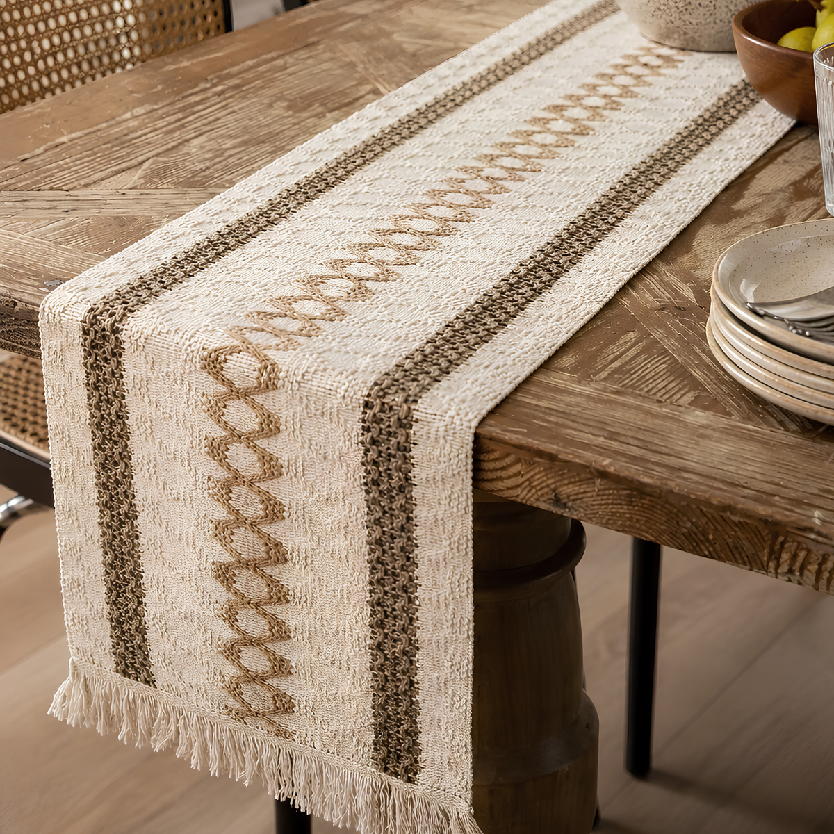 Camino de Mesa Boho con Flecos 180 x 30 cm, Beige y Marrón
