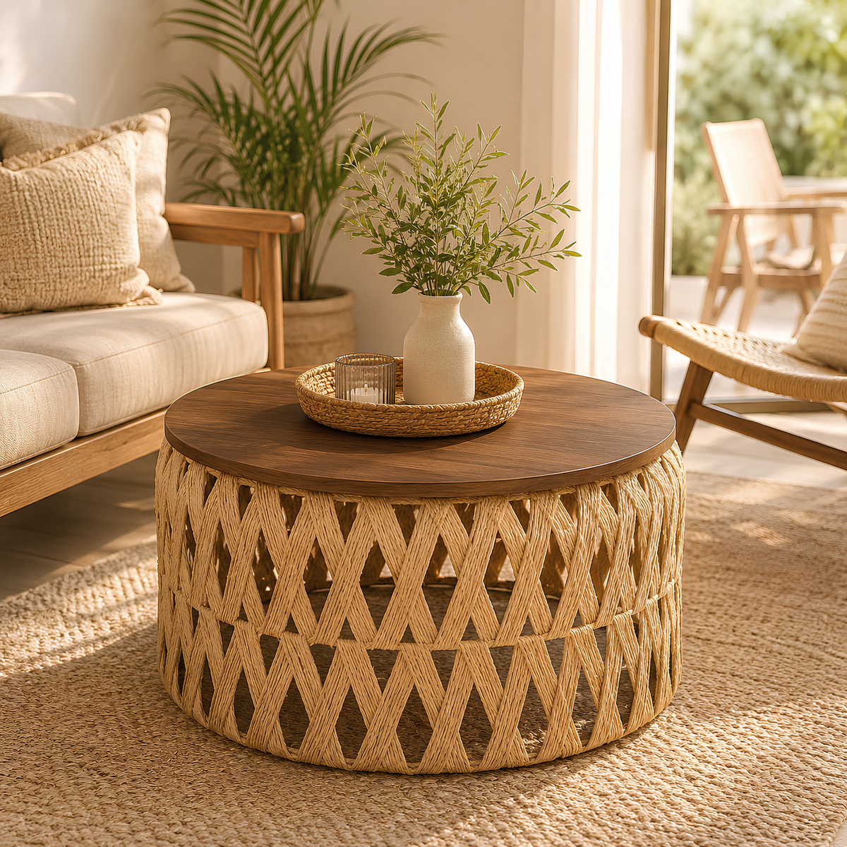 Mesa Centro o Auxiliar de Yute y Madera – Estilo Natural | Disponible en Tamaño Mediano y Grande + REGALO SORPRESA🎁