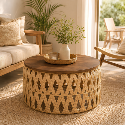 Mesa Centro o Auxiliar de Yute y Madera – Estilo Natural | Disponible en Tamaño Mediano y Grande + REGALO SORPRESA🎁