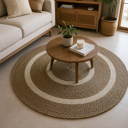 Alfombra Redonda de Yute Natural con Diseño de Aros Concéntricos – Estilo Boho Chic