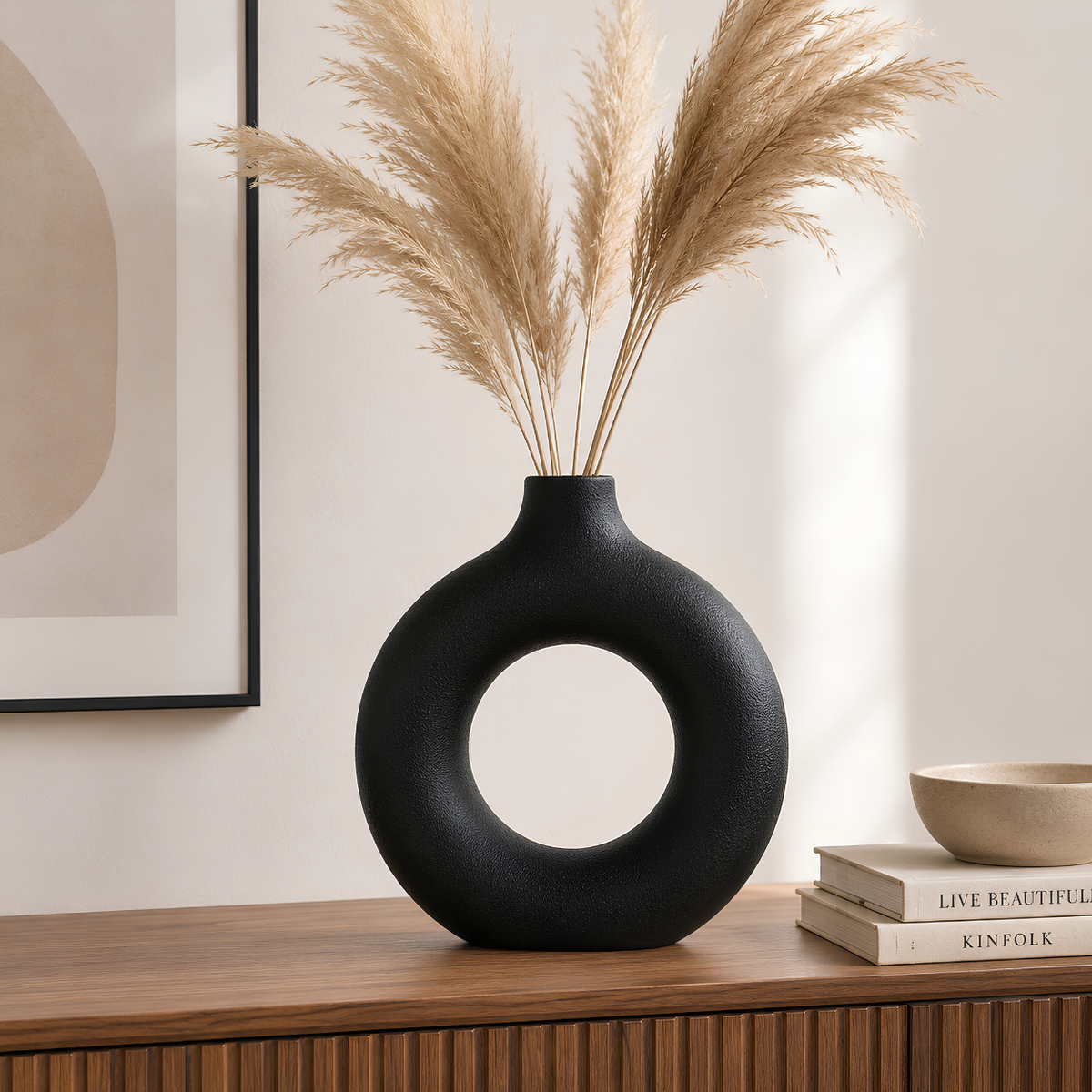Jarrón Decorativo Redondo Hueco Negro Mate – Estilo Moderno Minimalista