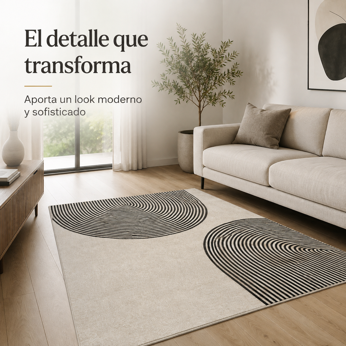 Alfombra Minimalista Círculos Concéntricos – Gris, Beige y Negro 160x230 cm