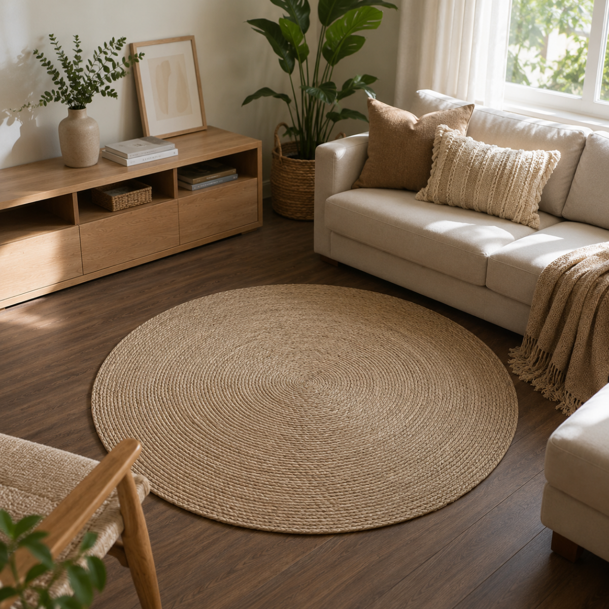 Alfombra Redonda 120 cm de Yute Natural Hecha a Mano – Decoración Boho Chic
