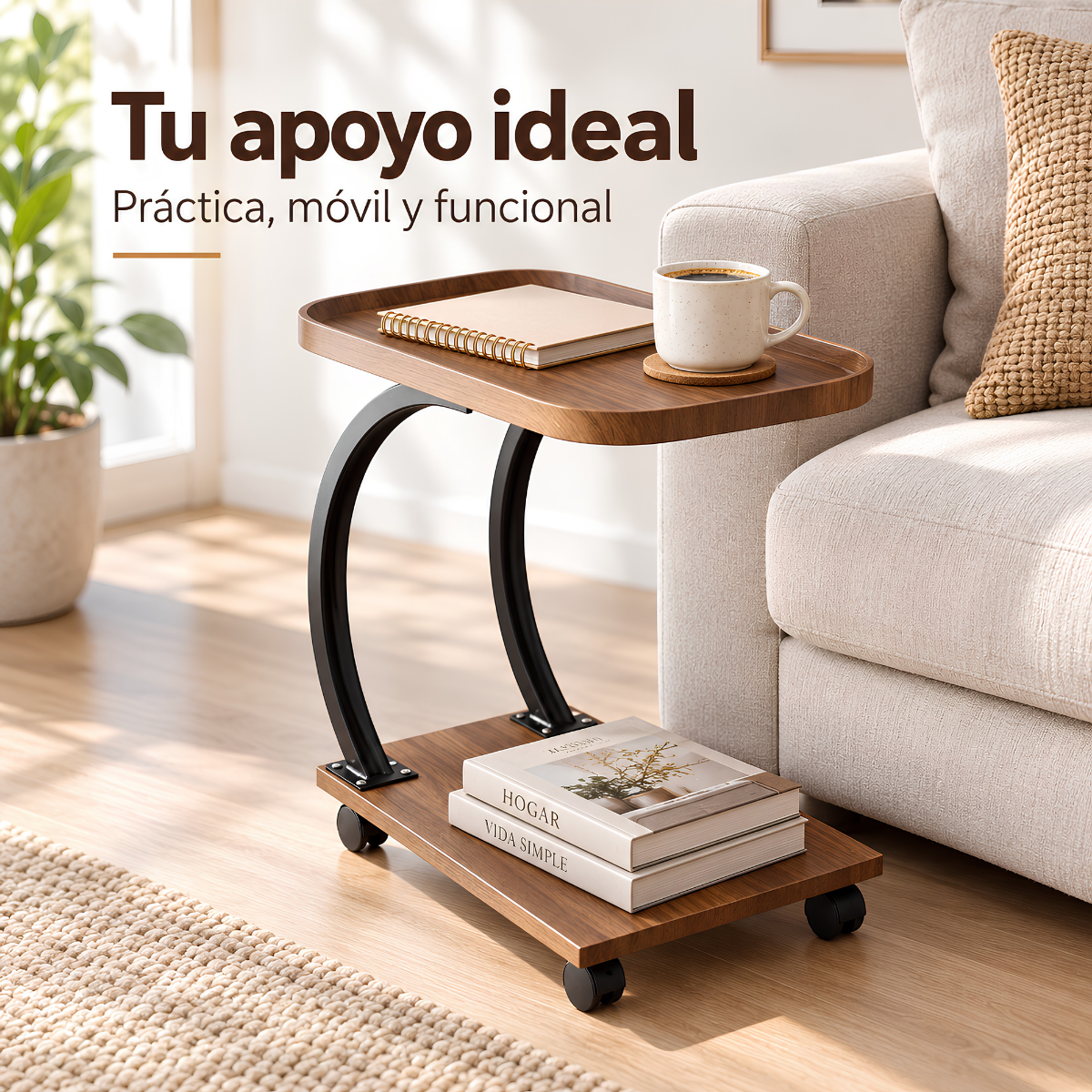 Mesa Auxiliar Tipo C con Ruedas para sofá –Ideal para trabajar, comer o usar laptop cómodamente