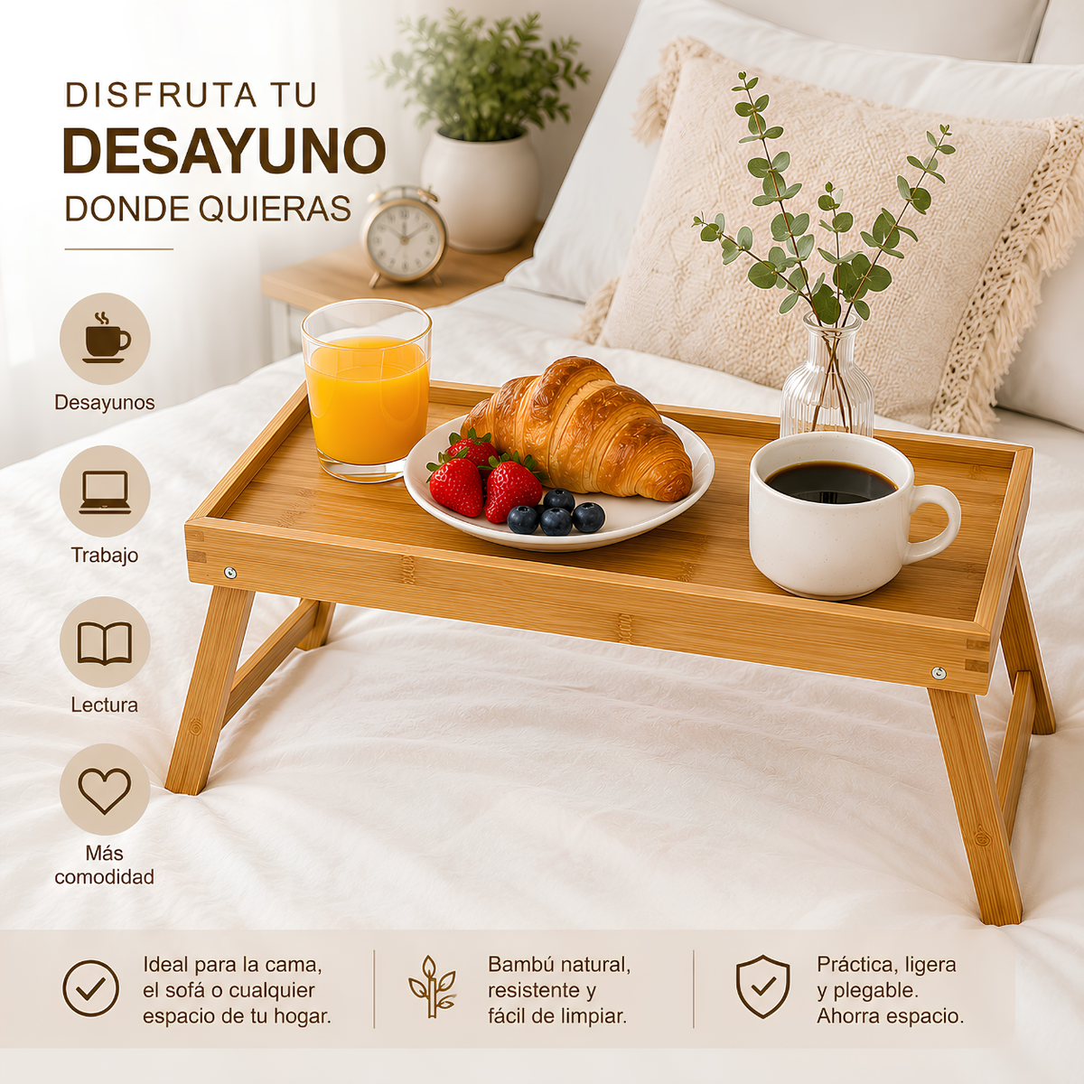 Bandeja de Bambú Plegable para Cama 50x30 cm – Desayuno, Laptop y Escritorio