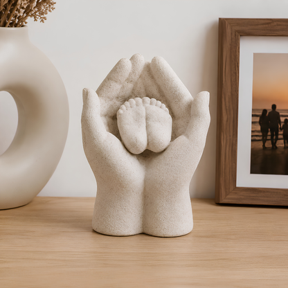 Escultura Decorativa Manos con Pies de Guagua Bebé 17x12 cm – Resina Blanco Marfil