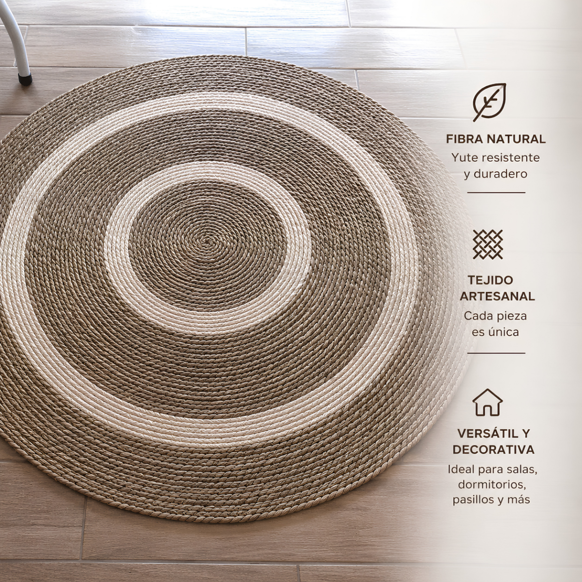 Alfombra Redonda de Yute Natural con Diseño de Aros Concéntricos – Estilo Boho Chic