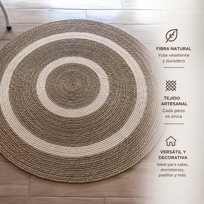 Alfombra Redonda de Yute Natural con Diseño de Aros Concéntricos – Estilo Boho Chic