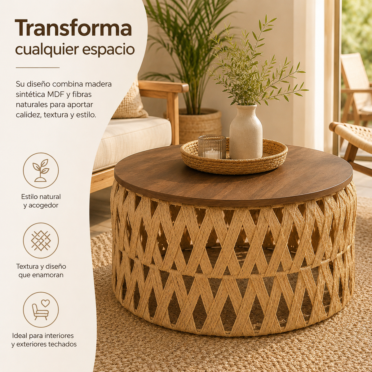 Mesa Centro o Auxiliar de Yute y Madera – Estilo Natural | Disponible en Tamaño Mediano y Grande + REGALO SORPRESA🎁