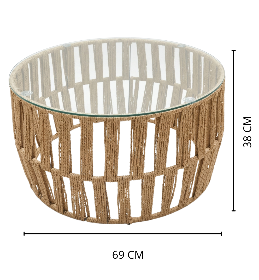 Mesa de Centro Redonda Orgánica - Yute y Vidrio Templado 69x38 cm