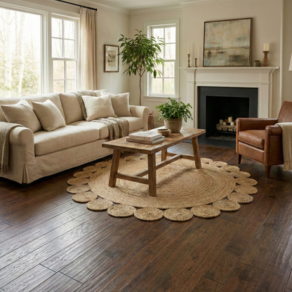 Alfombra Redonda de Yute Natural 150 cm - Diseño Artesanal con Borde Decorativo