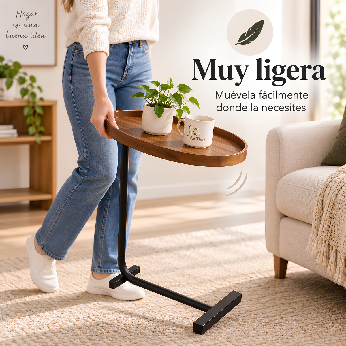 Mesa Auxiliar Tipo C – Madera Nogal y Metal Negro | Moderna Industrial