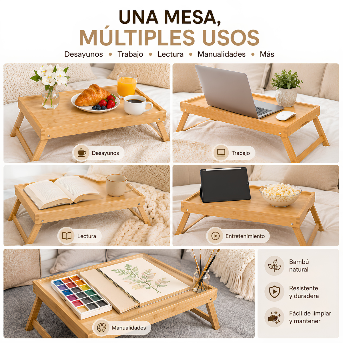 Bandeja de Bambú Plegable para Cama 50x30 cm – Desayuno, Laptop y Escritorio