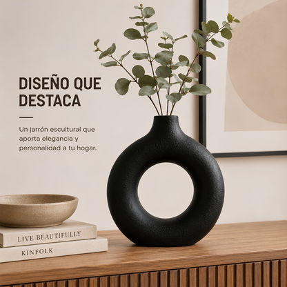 Jarrón Decorativo Redondo Hueco Negro Mate – Estilo Moderno Minimalista