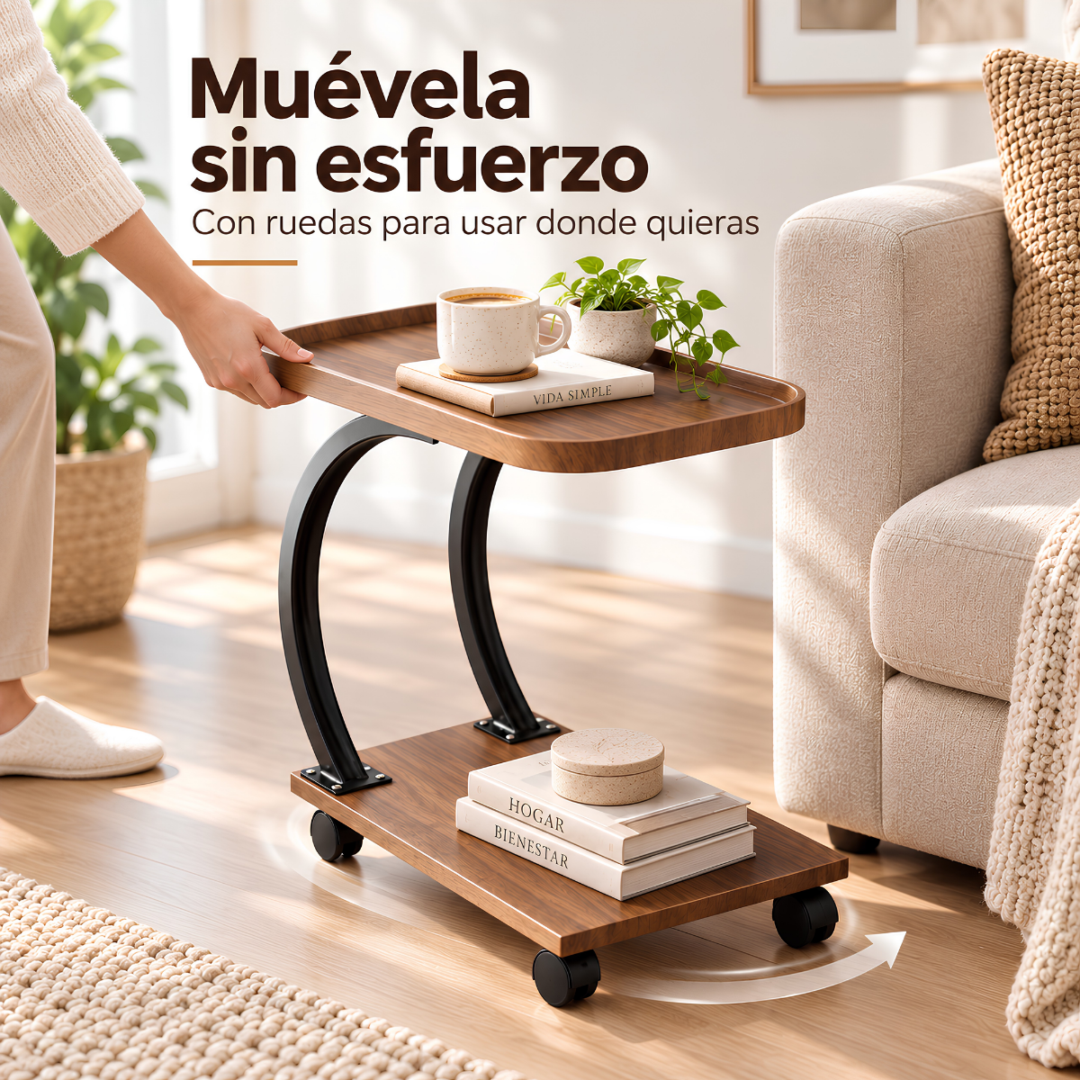 Mesa Auxiliar Tipo C con Ruedas para sofá –Ideal para trabajar, comer o usar laptop cómodamente