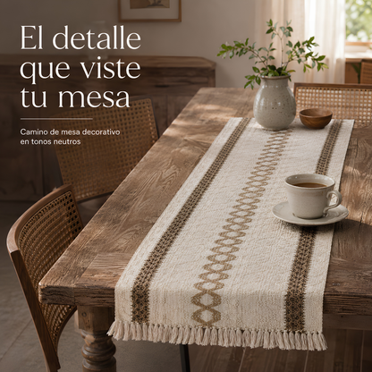 Camino de Mesa Boho con Flecos 180 x 30 cm, Beige y Marrón