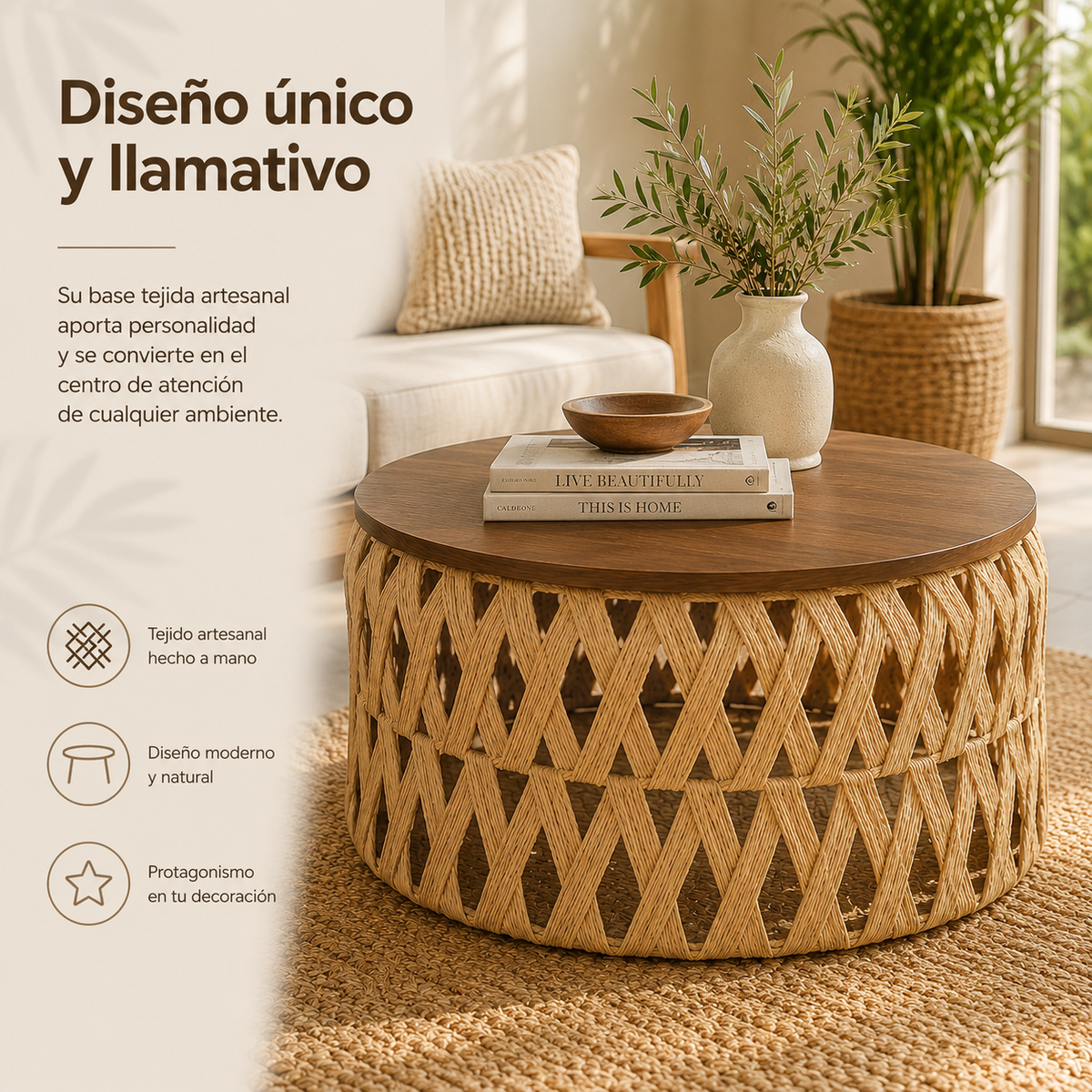 Mesa Centro o Auxiliar de Yute y Madera – Estilo Natural | Disponible en Tamaño Mediano y Grande + REGALO SORPRESA🎁