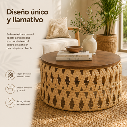 Mesa Centro o Auxiliar de Yute y Madera – Estilo Natural | Disponible en Tamaño Mediano y Grande + REGALO SORPRESA🎁