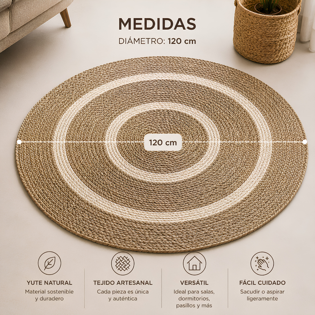 Alfombra Redonda de Yute Natural con Diseño de Aros Concéntricos – Estilo Boho Chic