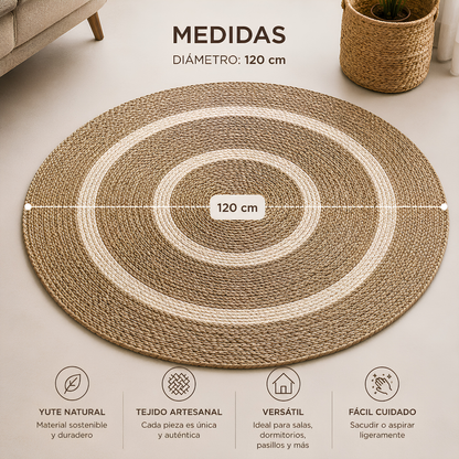 Alfombra Redonda de Yute Natural con Diseño de Aros Concéntricos – Estilo Boho Chic